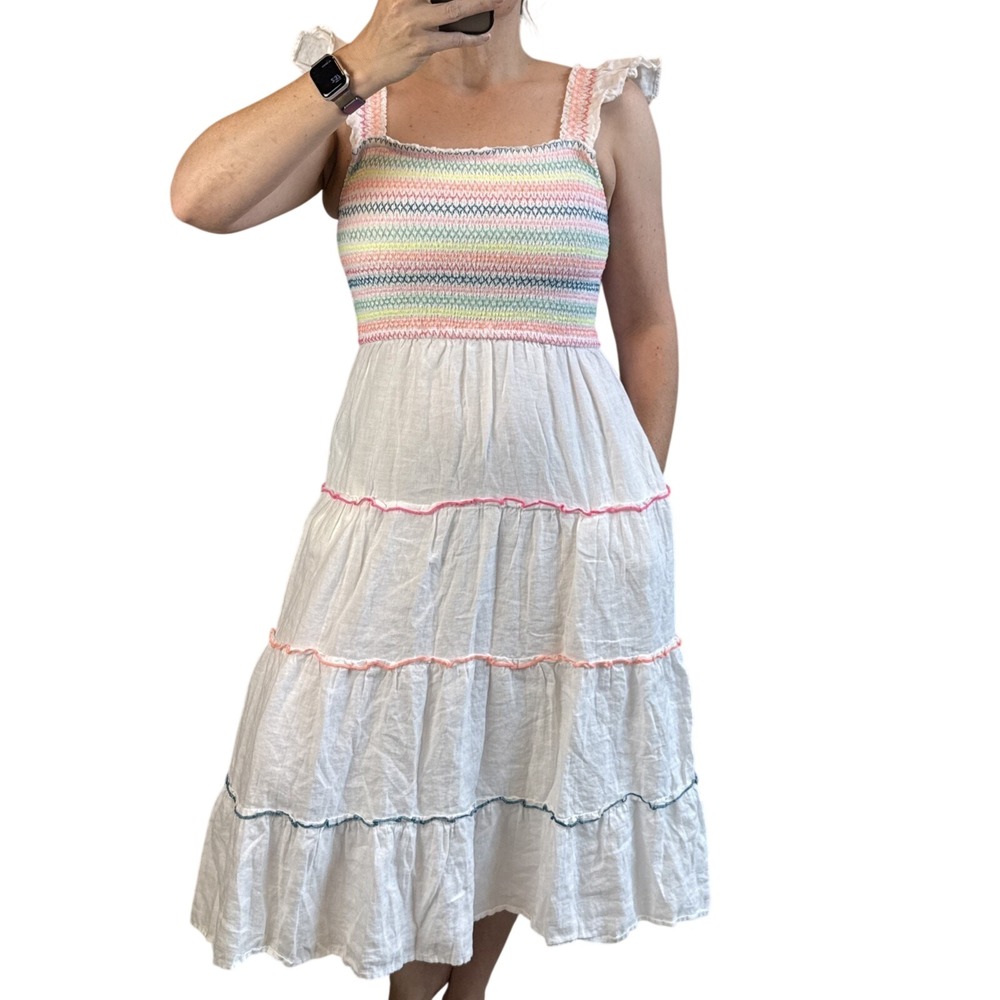 Vineyard Vines Flutter Sleeve Smocked Tiered‎ White Linen Midi Dress Size S
